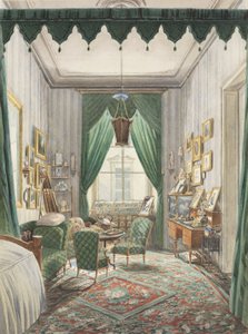 Een Interieur met een Bednis met Gordijnen